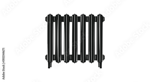 A front view of a black vertical radiator isolated on a plain white background showcasing its design
