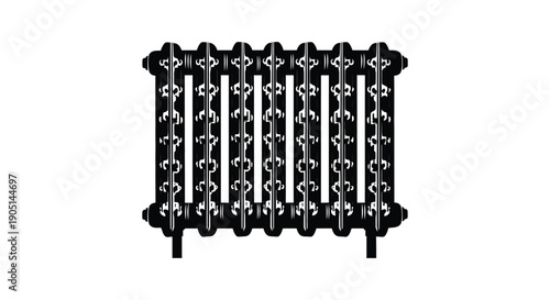 A stark black and white illustration depicts a vintage cast iron radiator with vertical elements high quality professional detailed modern