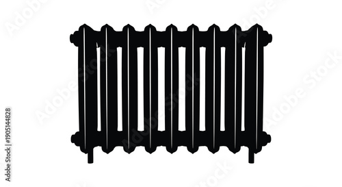 A stark black and white illustration depicts a vintage cast iron radiator showcasing its ribbed design high quality professional detailed