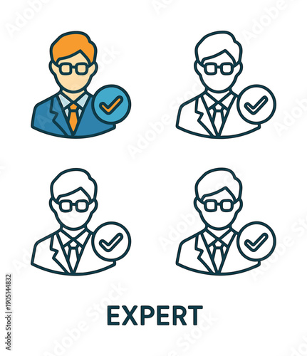 Expert icon design with outline style. Man in suit with glasses and checkmark icon. Professional business concept