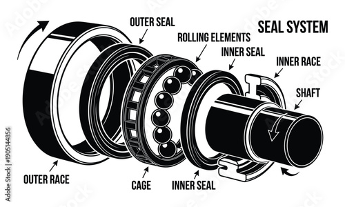Exploded view of a ball bearing seal system with shaft, race, cage and rolling elements illustration