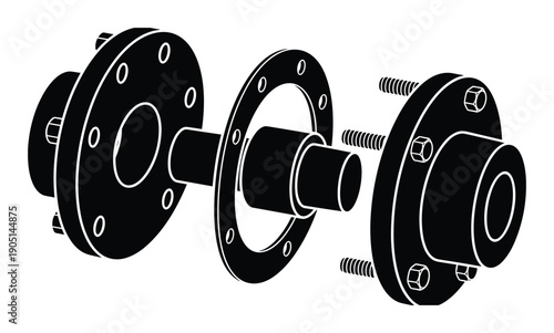 Exploded view of flanges with bolts and connecting pipe, mechanical assembly drawing, engineering design diagram