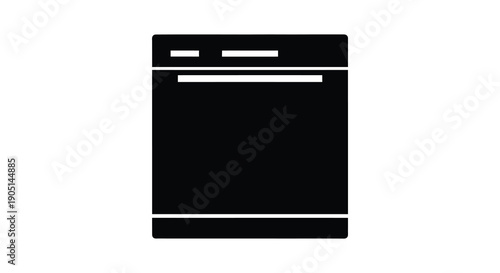 A stark black silhouette depicting a modern dishwasher appliance showcasing its simple rectangular form high quality professional detailed