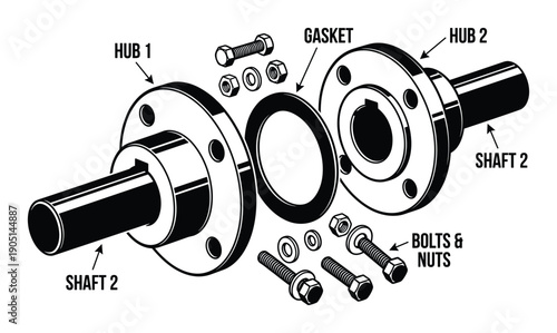 Exploded view of coupling hub, shaft, bolts, nuts, and gasket engineering drawing style