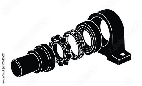 Exploded view of shaft bearing and pillow block housing detailed vector illustration.
