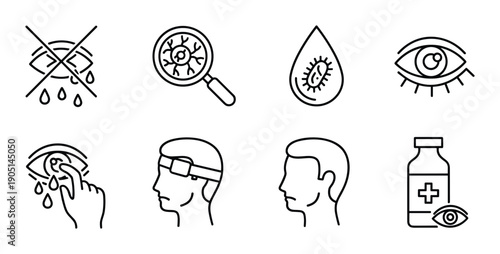 Eye Infection Icons Set, Hygiene, Eye Care, Eye Protection, Healthy Vision, Healthcare Vector Illustration