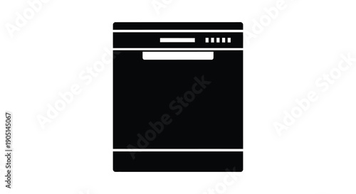 A minimalist black and white illustration depicts a modern dishwasher appliance showcasing its rectangular form and control panel