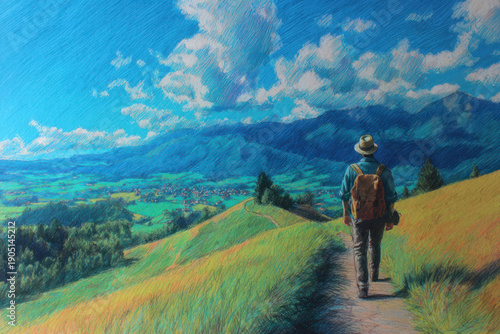 Solo travel. A man with a backpack hikes along mountain paths in picturesque places. Hiking. Active recreation. Extreme.