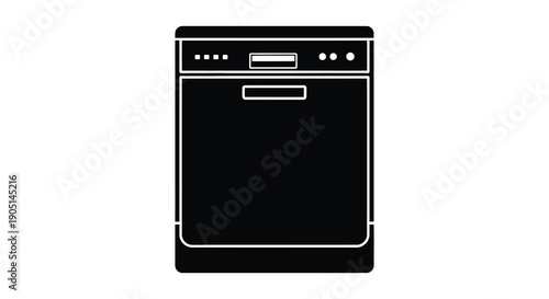 A simple black and white line drawing depicts a modern stainless steel dishwasher front view high quality professional