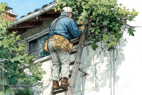 An elderly man standing on a ladder leaning against the wall of a house is caring for the ornamental plants that adorn the house.