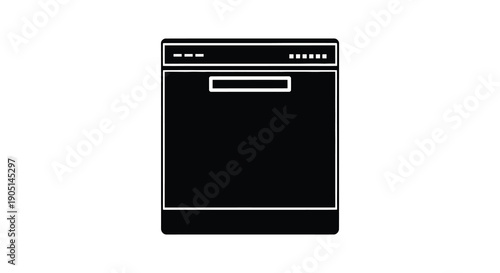 A simple black and white line drawing depicts a front view of a modern dishwasher appliance high quality professional detailed