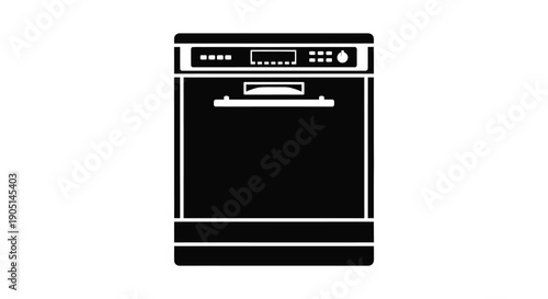 A simple black and white illustration depicts a modern dishwasher showcasing its front panel and controls high quality