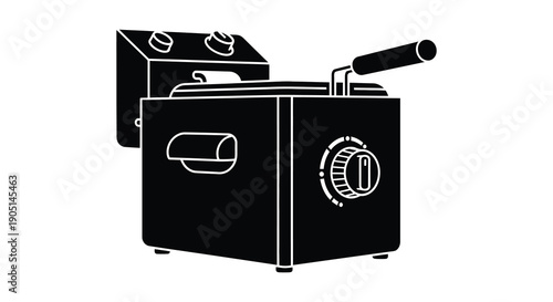 A black and white line drawing depicts a commercial deep fryer showcasing its controls and design high quality