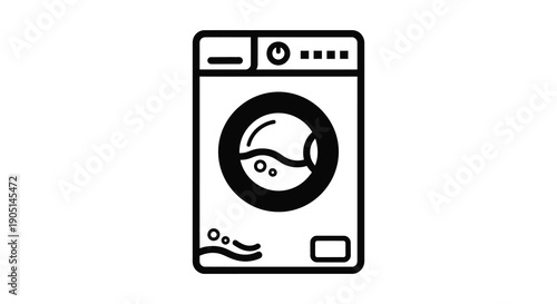A simple black and white line drawing depicts a front loading washing machine with a circular door high quality