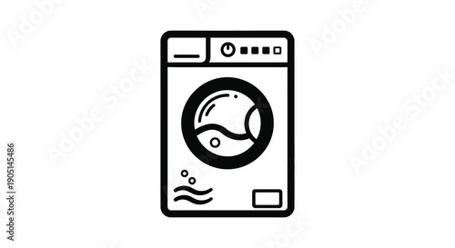 A simple black and white line drawing depicts a front loading washing machine with a circular door high quality