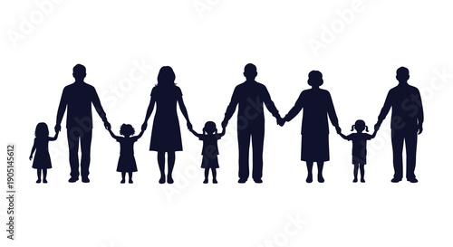 A silhouette depicts a family of six holding hands in a row representing unity and togetherness high quality