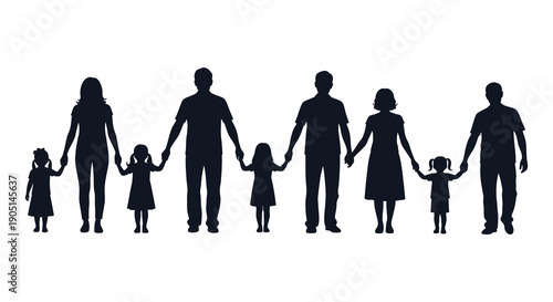 A silhouette depicts a family of seven individuals holding hands in a row symbolizing unity high quality professional