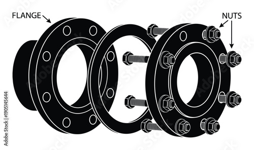 Flange connection diagram with bolts and nuts, pipe fitting assembly detailed illustration