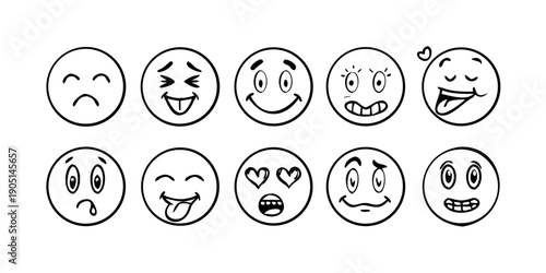 A collection of ten diverse facial expressions depicted as simple black and white emoticons.