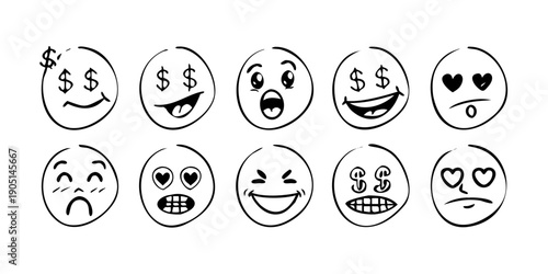 A collection of ten diverse emoticons with various expressions and symbols