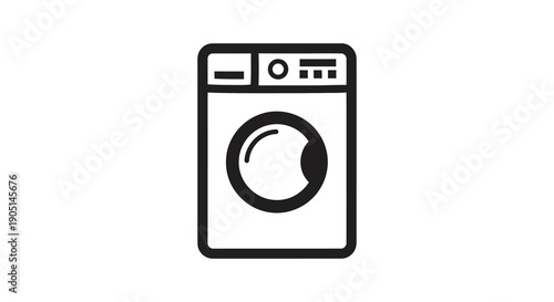 A simple black and white line drawing depicts a front loading washing machine with a circular door high quality
