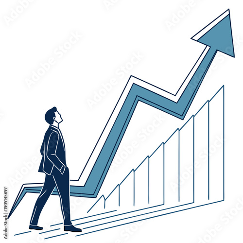 Businessman climbing a steep upward trending arrow graph.