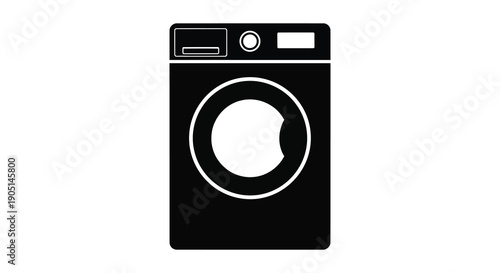 A stark black and white illustration depicts a front loading washing machine simplified in design on a white background high quality