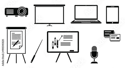 A collection of black and white icons depicting various presentation and display technologies and tools high quality professional