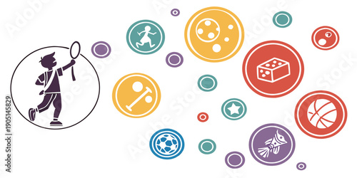 Vibrant illustration of various sports icons and a tennis player