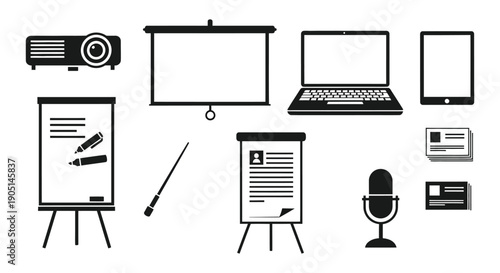 A collection of black and white icons representing presentation tools office equipment and communication devices high quality professional