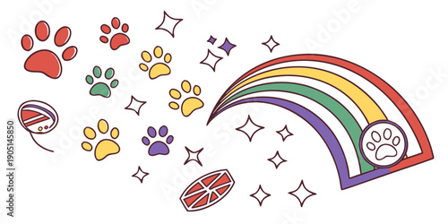 A vibrant collection of colorful stickers featuring animals, objects, and a rainbow