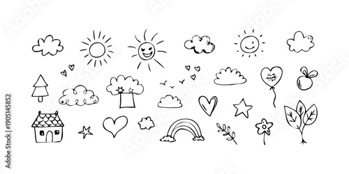 A delightful collection of whimsical doodles featuring nature and weather elements