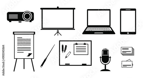 A collection of black and white icons depicting presentation and communication technology and tools high quality professional detailed