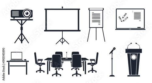 A collection of black silhouette icons depicting presentation equipment office furniture and meeting tools high quality professional detailed