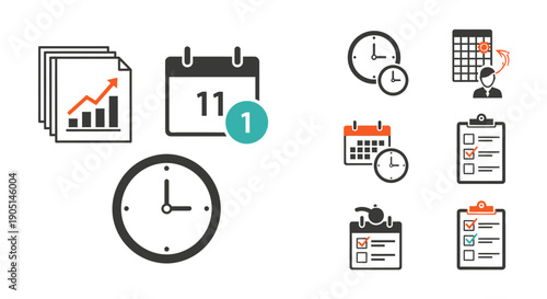 Calendar clock and reminder icons for time management concepts