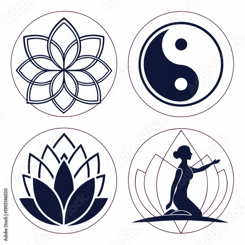 Four distinct symbols representing yoga, meditation, and spiritual balance