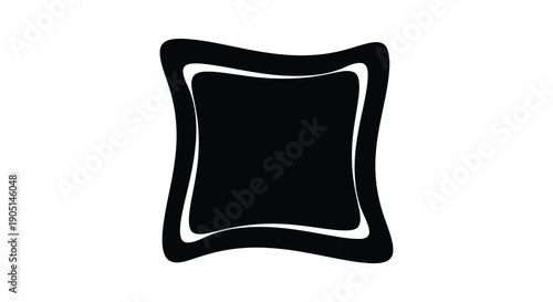 A minimalist black and white illustration depicts a square cushion with rounded corners and a double border