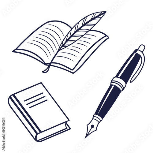 An open book, a closed book, and a fountain pen on a white background