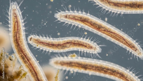 Microscopic organisms showcase translucent bodies and spiky protrusions swimming gracefully