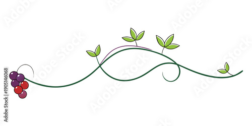 A whimsical illustration of a vine with berries and leaves in a decorative pattern