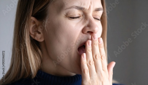 A close-up shot of a fair-skinned woman yawning widely, covering her mouth with her hand. Her eyes are closed
