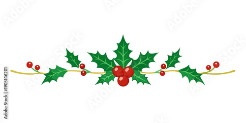 A festive holiday decoration featuring a holly branch with red berries