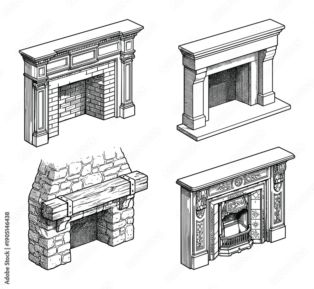 Fototapeta premium Four unique fireplace mantel designs vector illustration, vintage-style fireplaces and mantels with different stone brick patterns