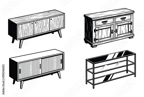 Furniture illustrations: Four sideboard cabinets with doors and drawers in line art style