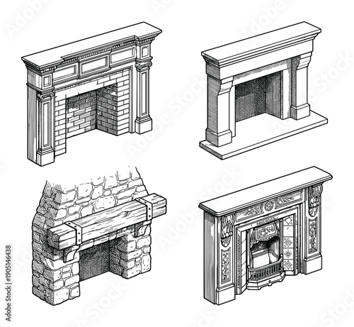 Four unique fireplace mantel designs vector illustration, vintage-style fireplaces and mantels with different stone brick patterns