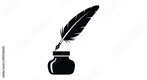 A striking black silhouette depicts a classic quill pen resting within a full inkwell symbolizing writing high quality