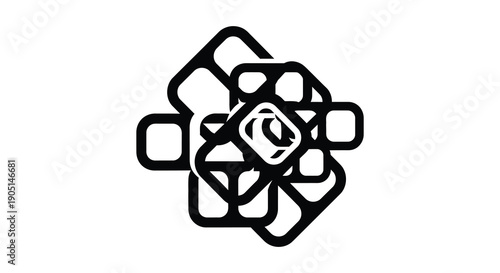 A striking black and white graphic depicts an abstract floral design composed of intersecting geometric shapes high quality professional detailed