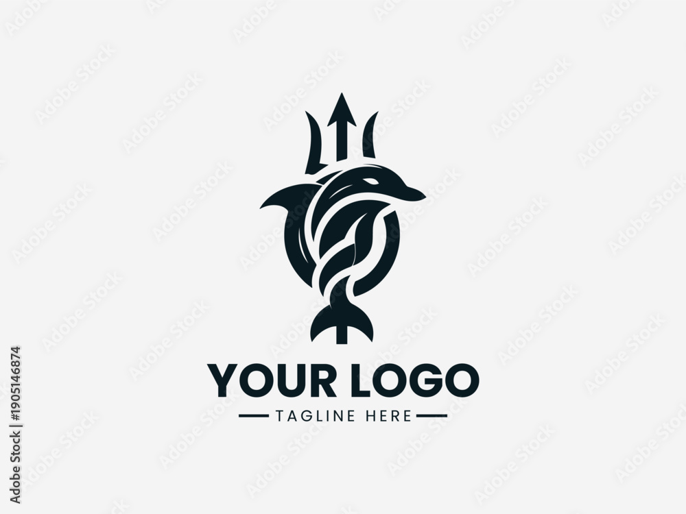 Fototapeta premium Black dolphin logo with trident on white background with space for custom text