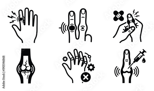 Hand and finger pain icons, medical treatments for finger and hand problems, joint pain and osteoarthritis
