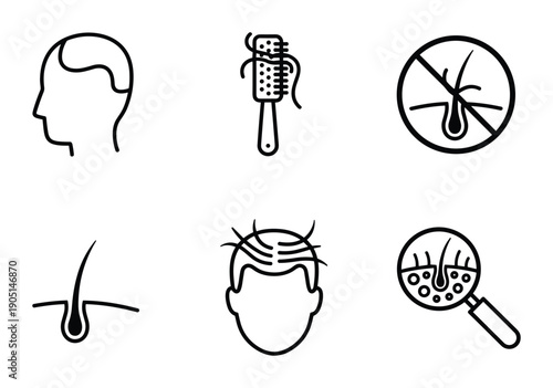 Hair loss icons set. Alopecia, hairbrush, hair follicle diagnosis and baldness outline signs